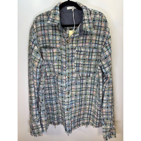 MNML Other - mnml Raw Edge Flannel Shirt Jacket Blue White Plaid Tweed Frayed Hem Men's L